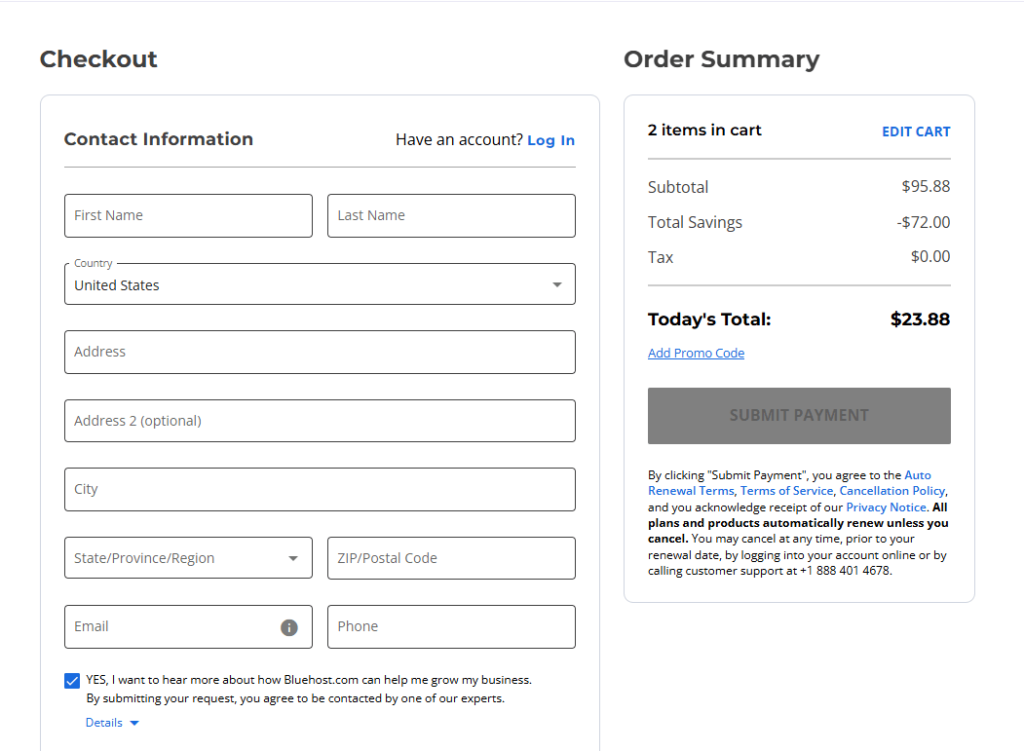 Bluehost Order Summary