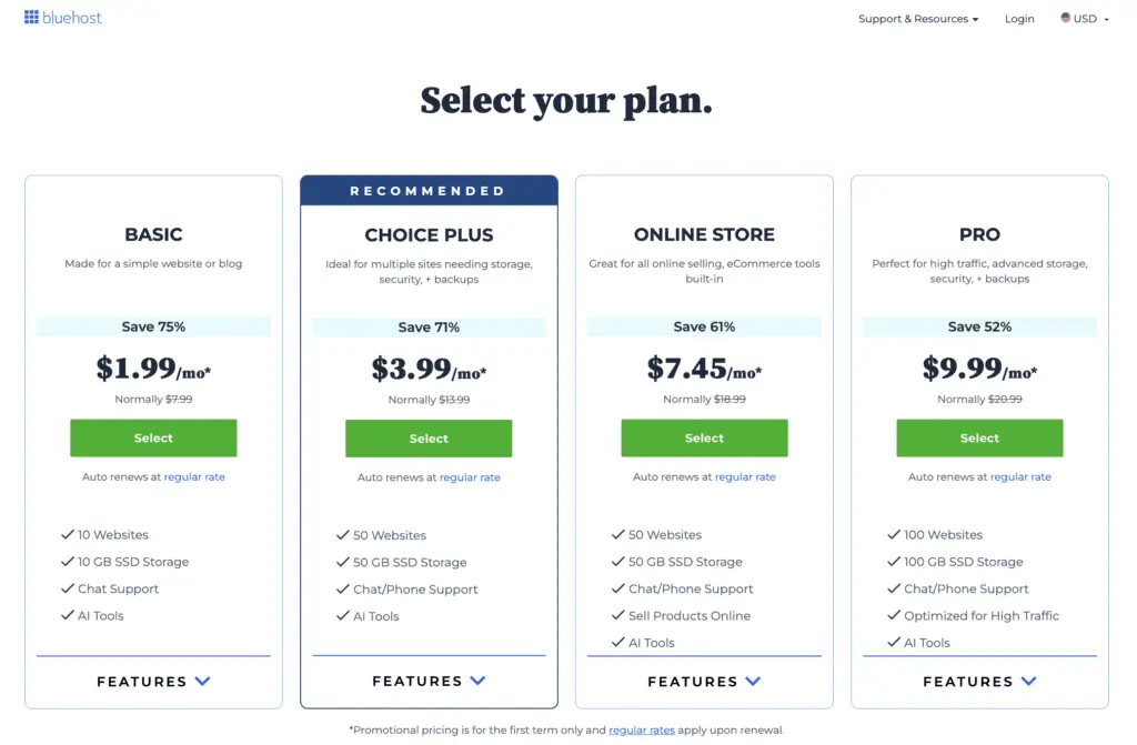 Bluehost Pricing Details