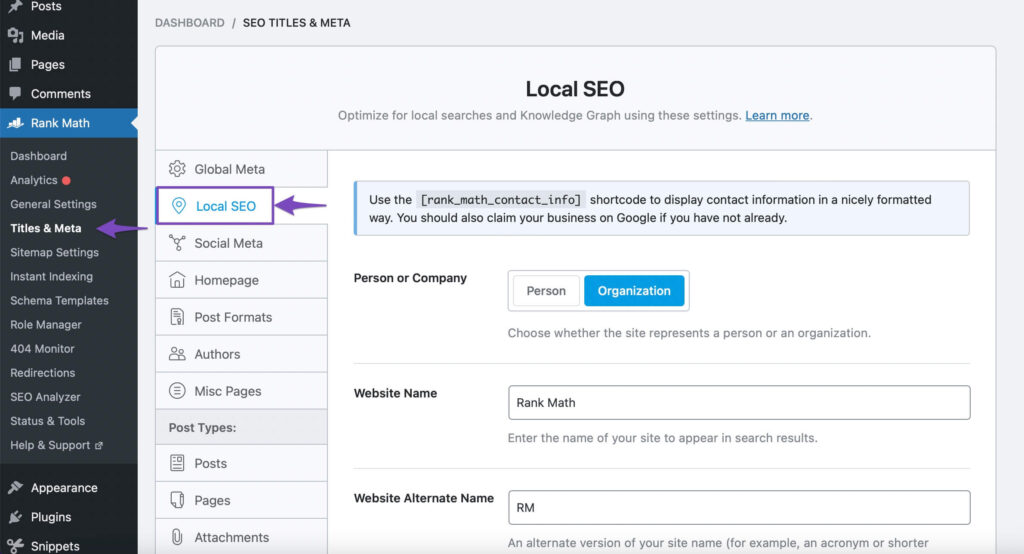Rank Math Built-in Local SEO & Knowledge Graph Integration